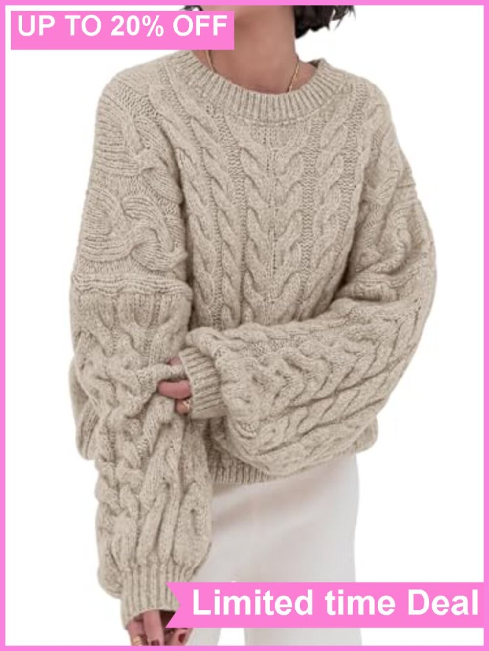 Womens Oversized Cable Knit Crewneck Long Sleeve Chunky Pullover Sweater